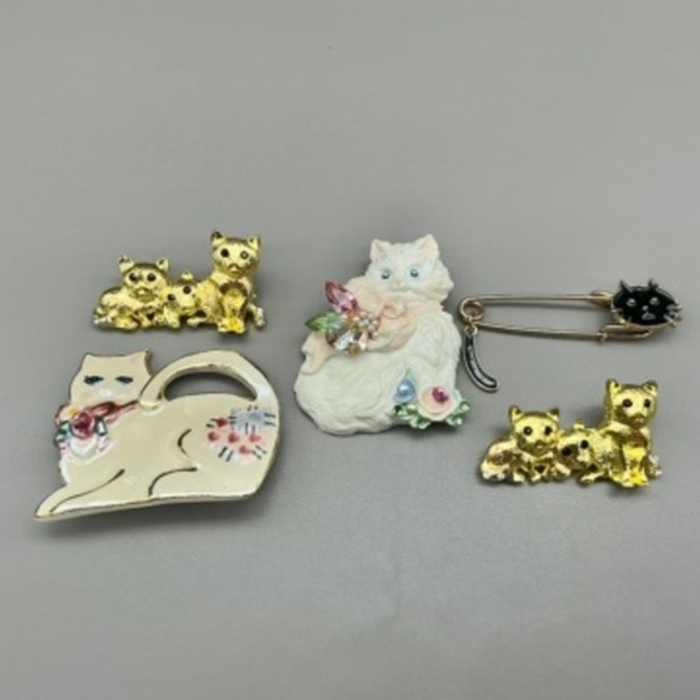 Cat Brooch Pin Lot Women Gold White Black Enamel Rhinestone Faux Pearl 5 Pieces